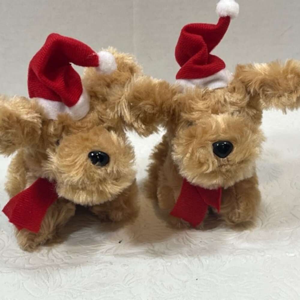 TWO Christmas Stuffed Golden Labradoodles w/Santa Hat & Scarf Toy Plush